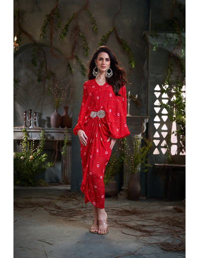 Red Chinon Pleated Batik Midi Dress