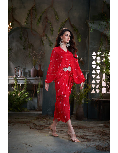 Red Chinon Pleated Batik Midi Dress