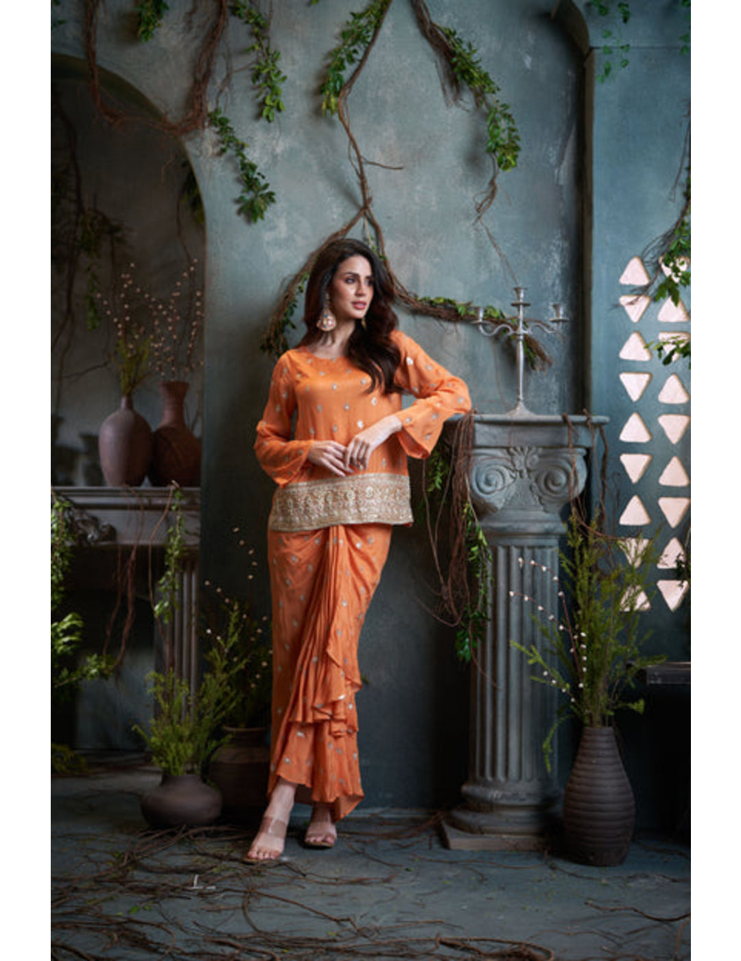 Peach Drop Sleeves Embroidered Chinon Top With Front Pleated Skirt