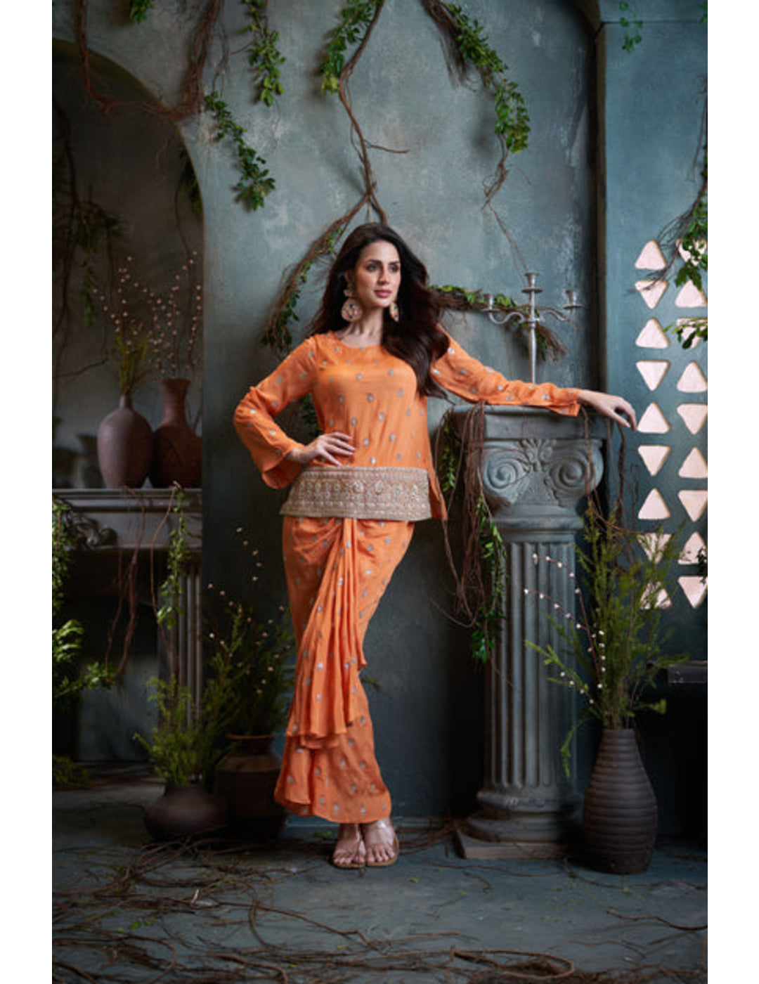 Peach Drop Sleeves Embroidered Chinon Top With Front Pleated Skirt