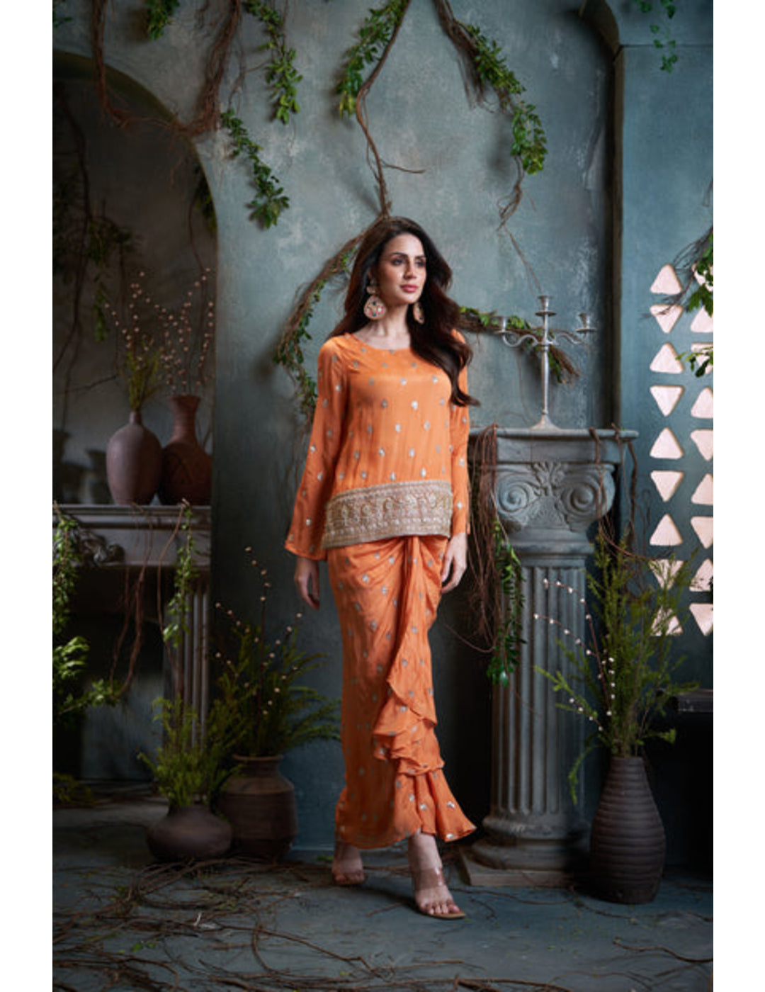 Peach Drop Sleeves Embroidered Chinon Top With Front Pleated Skirt