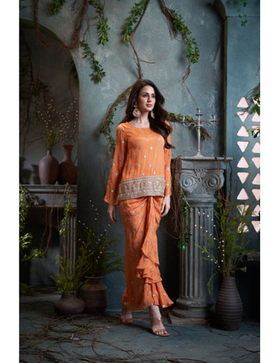 Peach Drop Sleeves Embroidered Chinon Top With Front Pleated Skirt