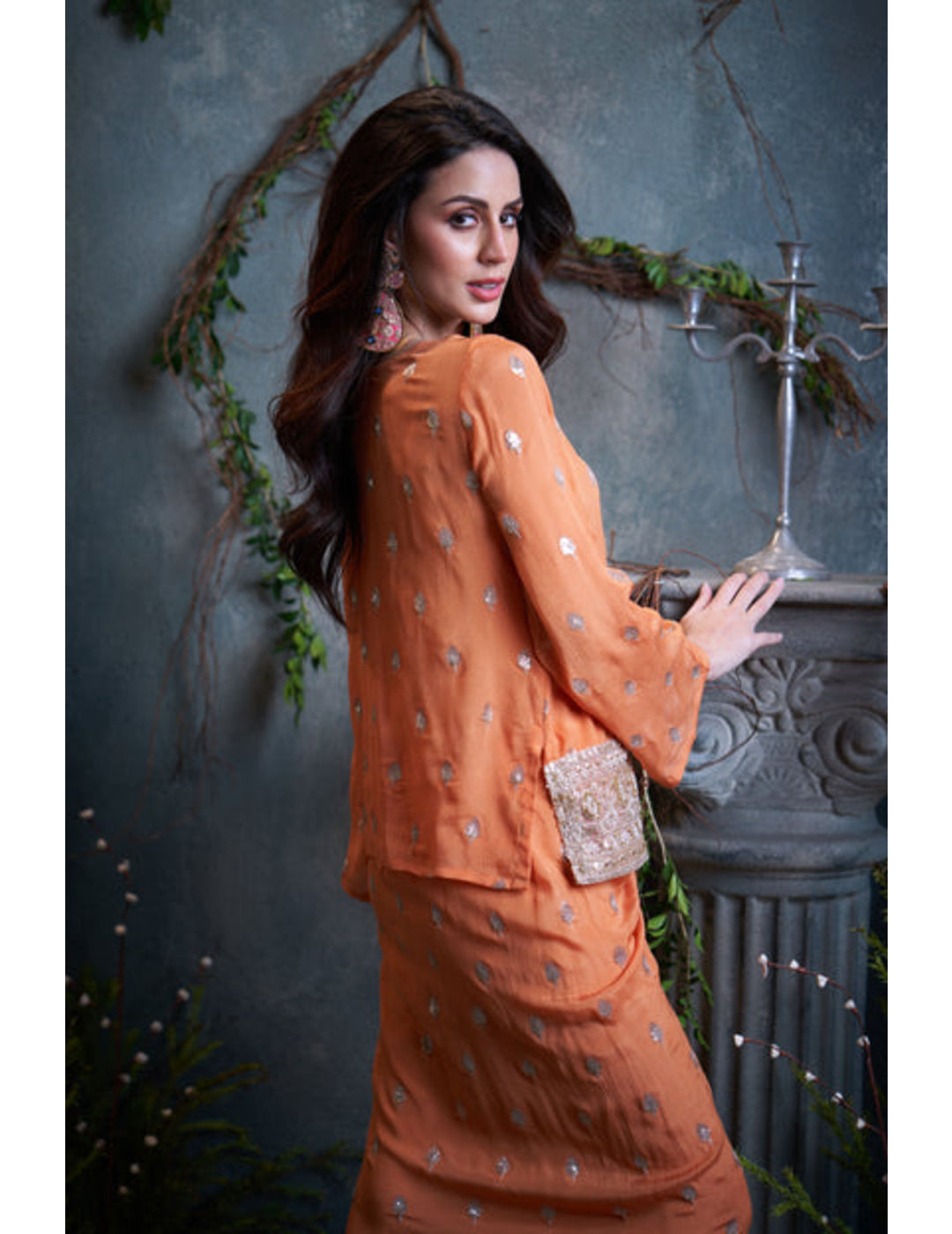 Peach Drop Sleeves Embroidered Chinon Top With Front Pleated Skirt