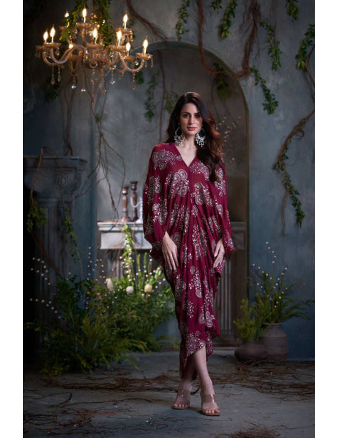 Maroon Chinon Embroidered Midi Dress