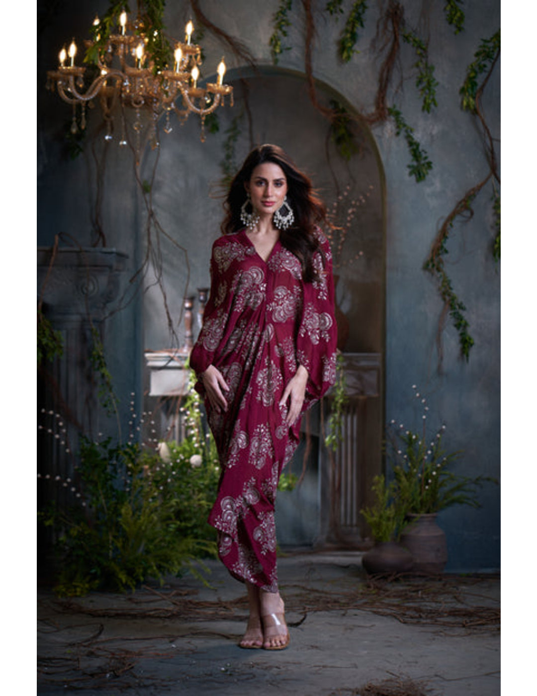 Maroon Chinon Embroidered Midi Dress