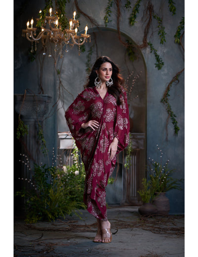 Maroon Chinon Embroidered Midi Dress