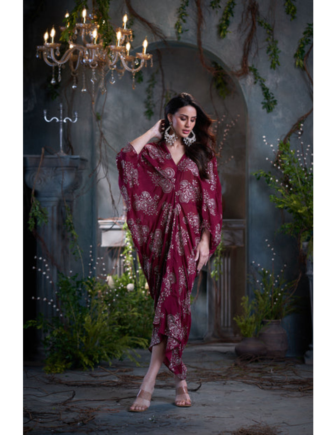 Maroon Chinon Embroidered Midi Dress