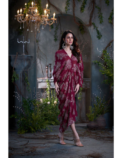 Maroon Chinon Embroidered Midi Dress