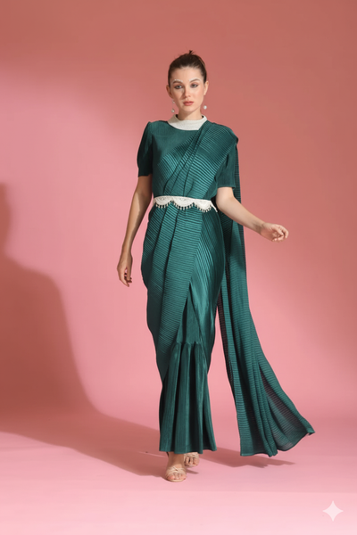 Green Saree Embroidered Neck Blouse With Belt