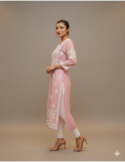 粉色 Chikankari 直筒 Kurta