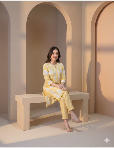 Yellow Chikankari Kurti Set