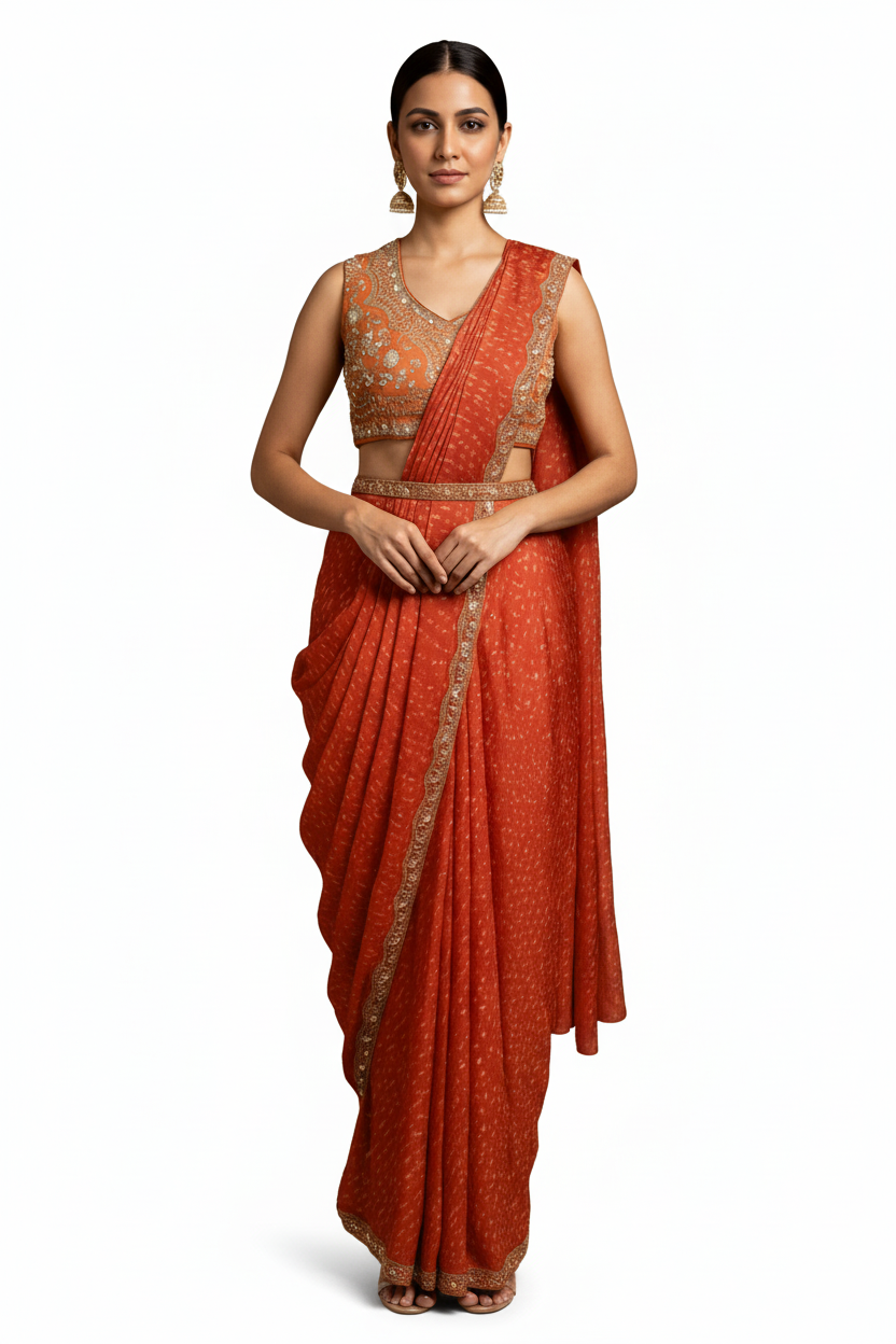 Red & Golden Bandhi Saree with Blouse and Belt