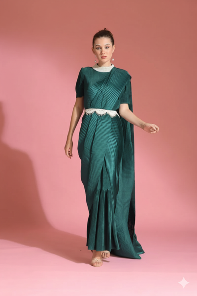 Green Saree Embroidered Neck Blouse With Belt