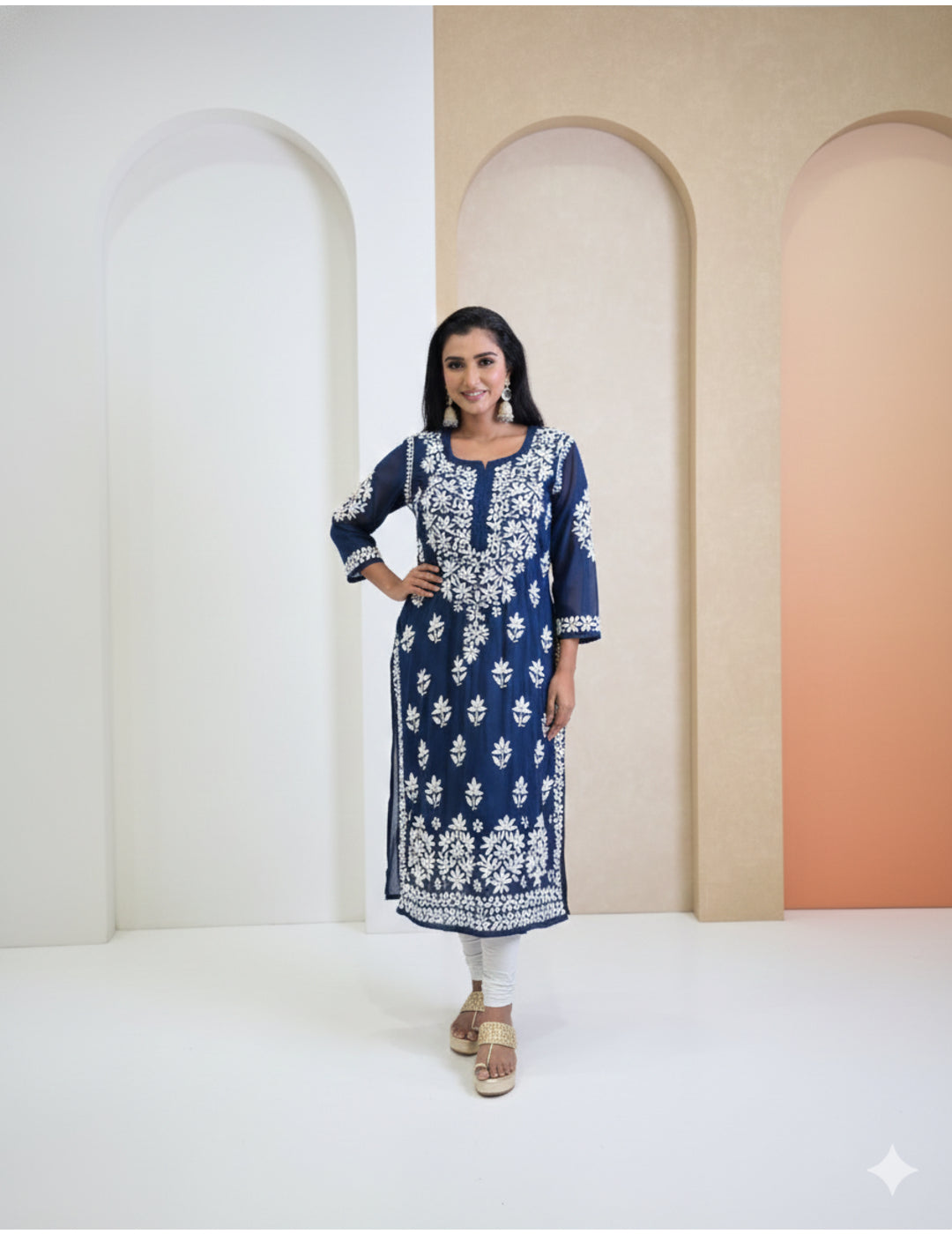 粉色 Chikankari 直筒 Kurta