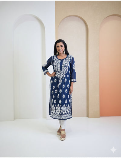 粉色 Chikankari 直筒 Kurta