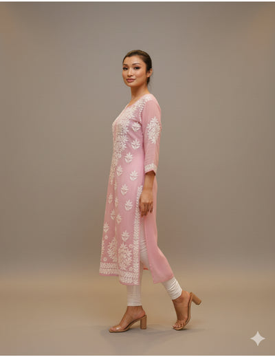 粉色 Chikankari 直筒 Kurta