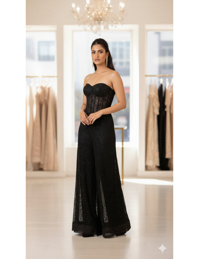 Black Chantilly Net Embroidered Sharara Set
