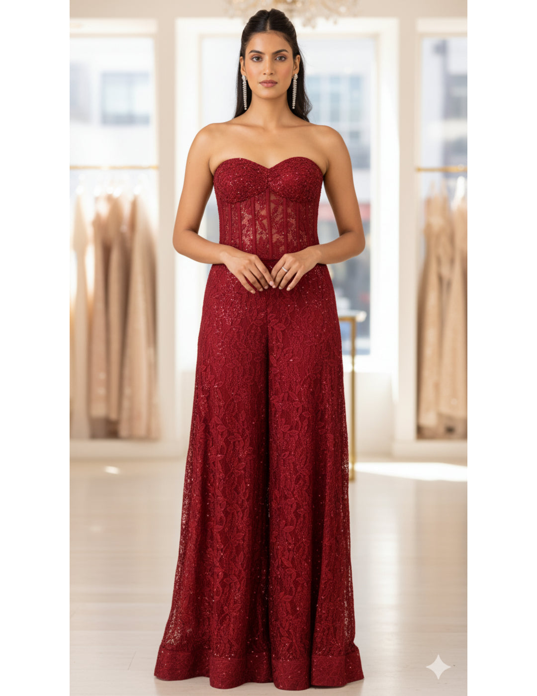 Red Chantilly Net Embroidered Sharara Set