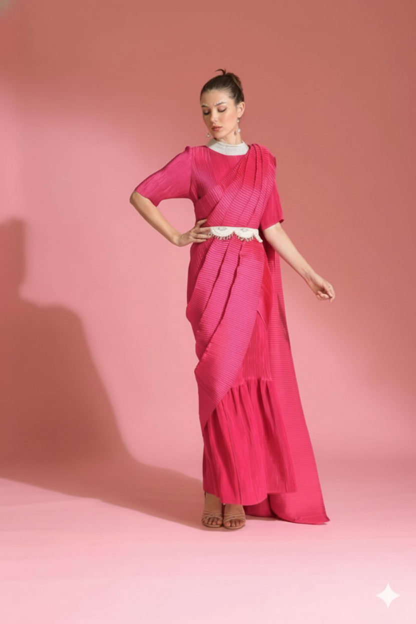 Hot Pink Saree Embroidered Neck Blouse Witb Belt