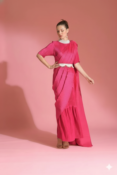 Hot Pink Saree Embroidered Neck Blouse Witb Belt