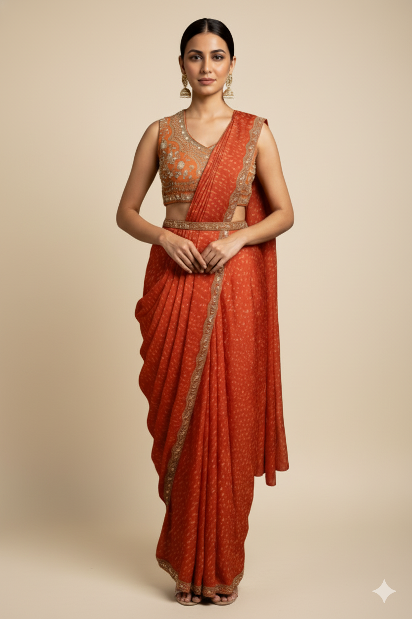 Red & Golden Bandhi Saree with Blouse and Belt