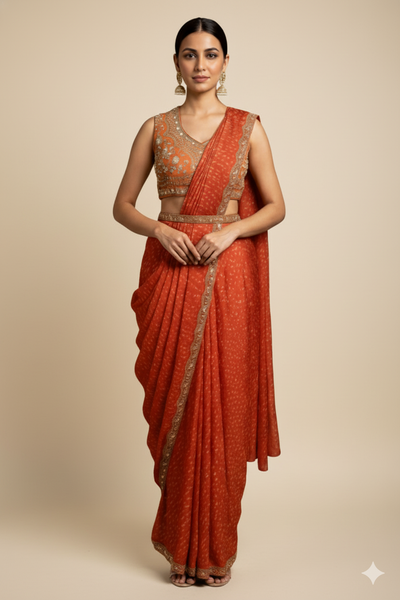Red & Golden Bandhi Saree with Blouse and Belt