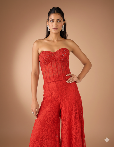 Red Chantilly Net Embroidered Sharara Set