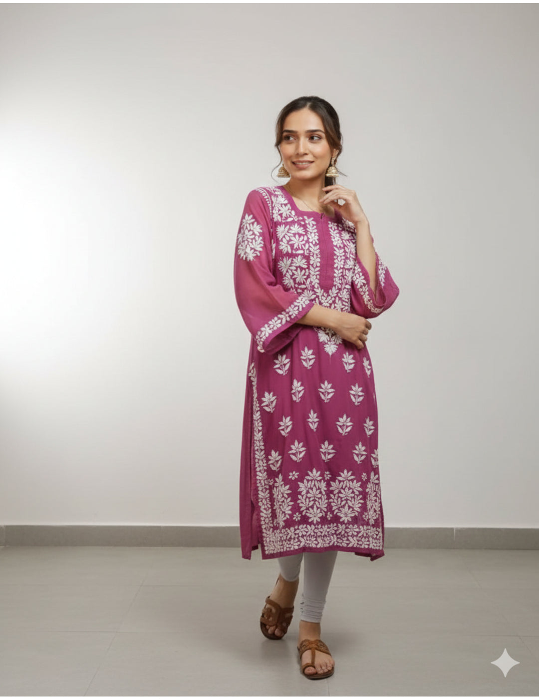 粉色 Chikankari 直筒 Kurta