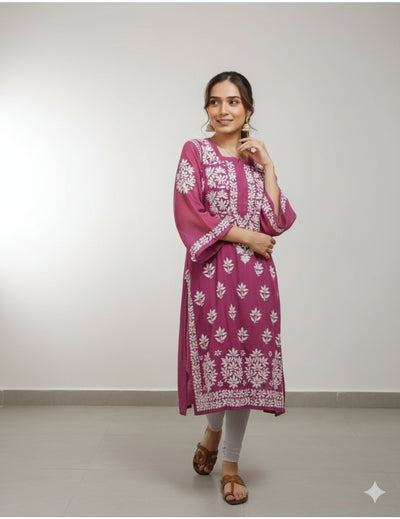 粉色 Chikankari 直筒 Kurta