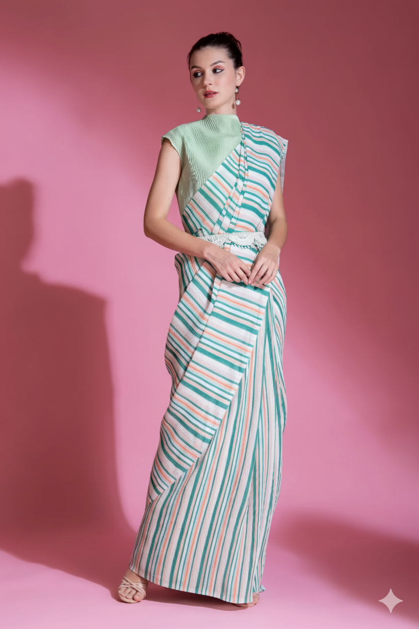 Pre-Draped Sea Foam Green Pleated saree