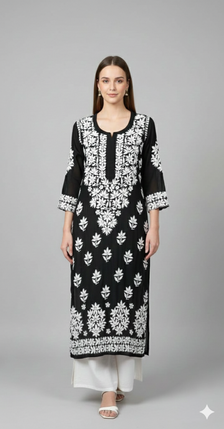 Black Chikankari Straight Kurta