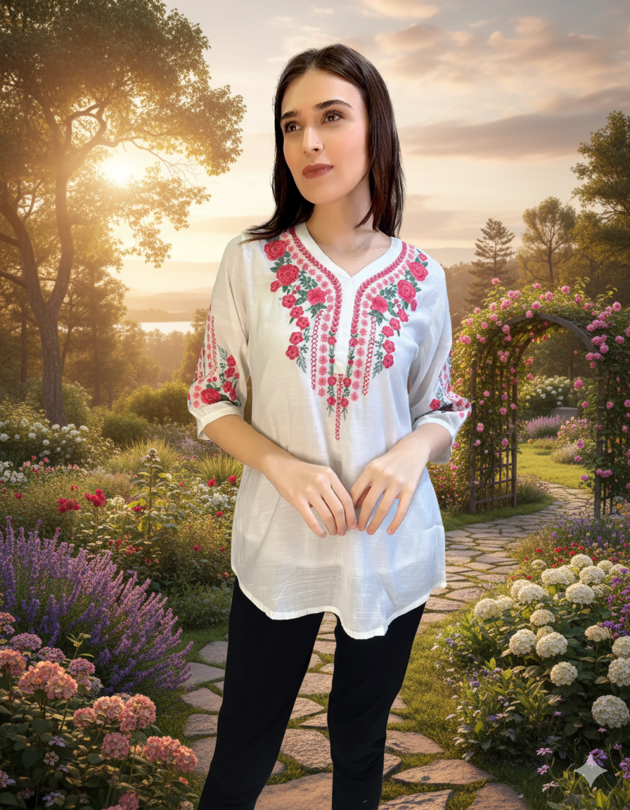 White Floral Embroidered tunic