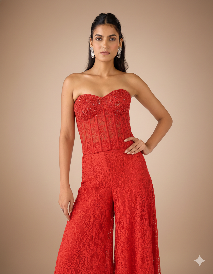 Red Chantilly Net Embroidered Sharara Set