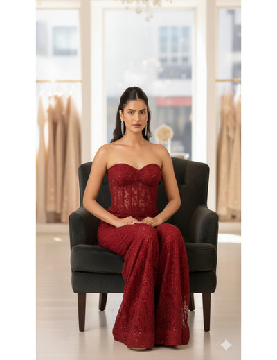 Red Chantilly Net Embroidered Sharara Set