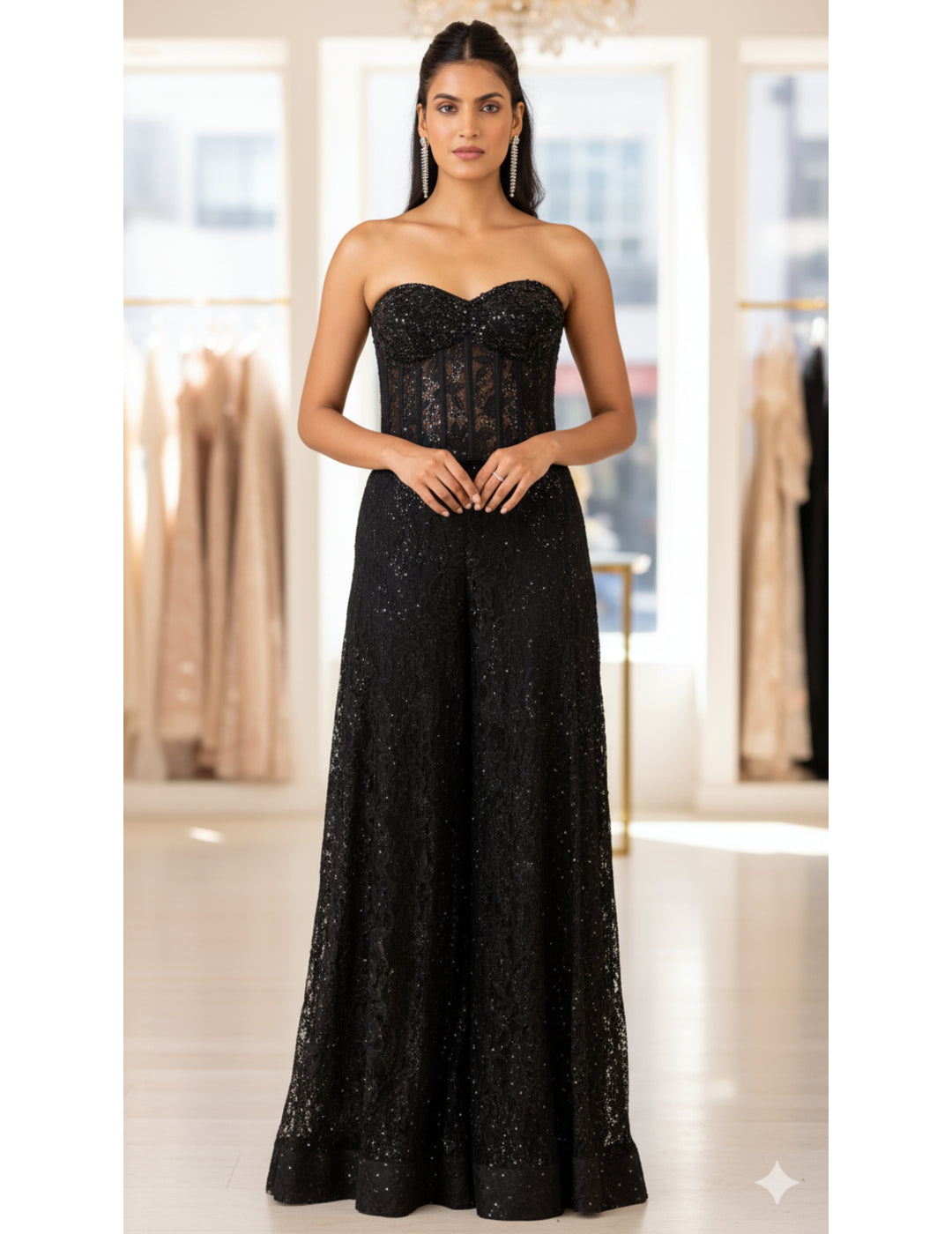 Black Chantilly Net Embroidered Sharara Set