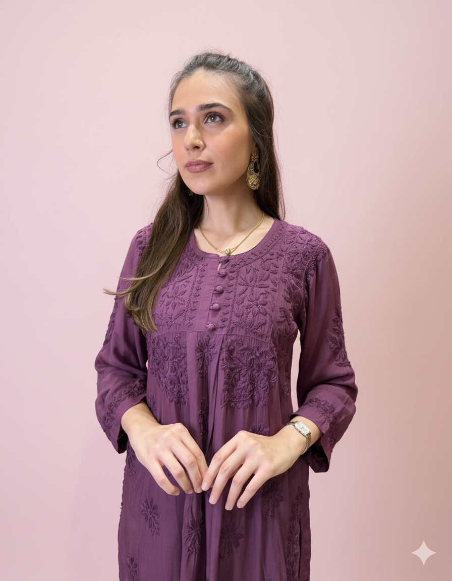 Wine Chikankari Short Kurti