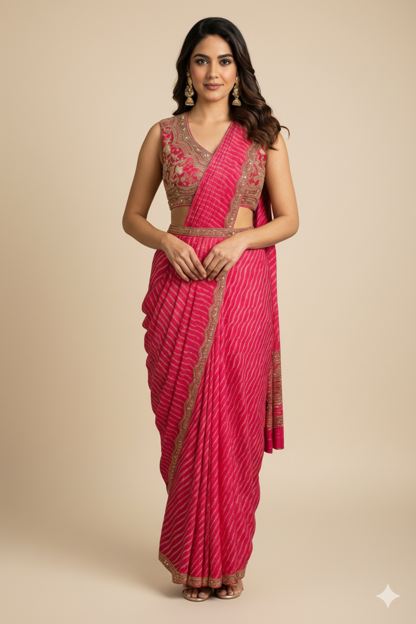 Pink & Golden Bandhi Saree with Blouse and Belt