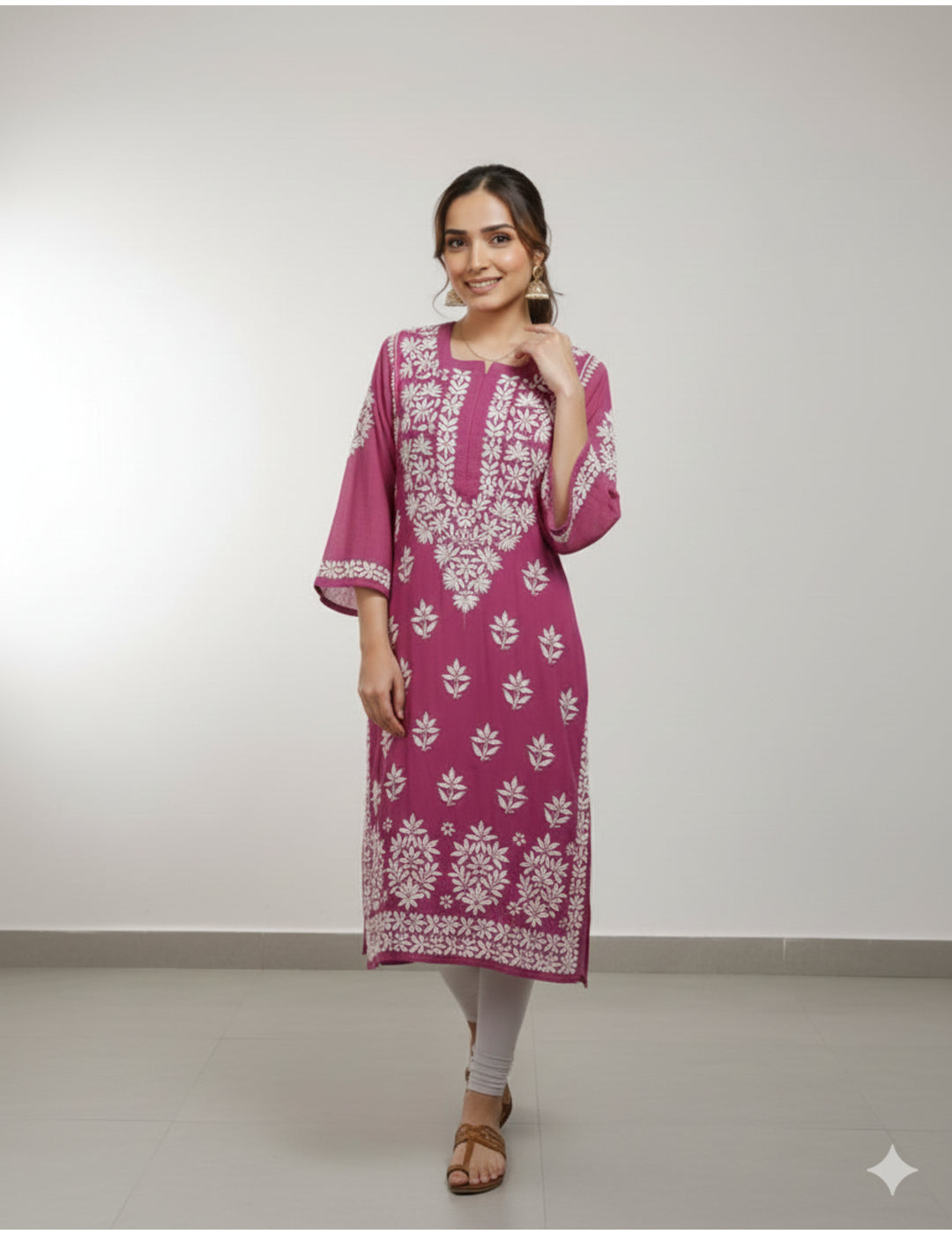 粉色 Chikankari 直筒 Kurta