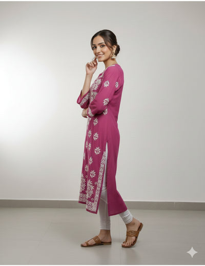 粉色 Chikankari 直筒 Kurta