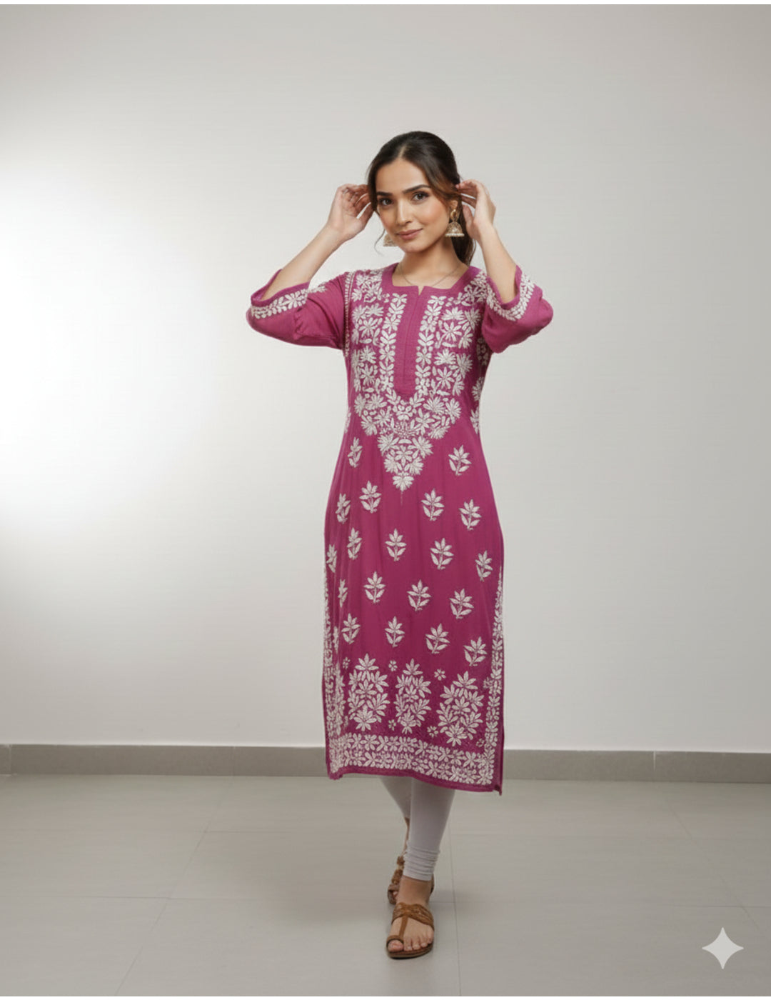 粉色 Chikankari 直筒 Kurta