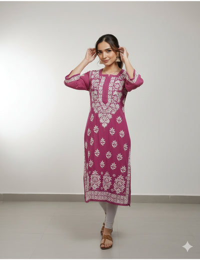 粉色 Chikankari 直筒 Kurta