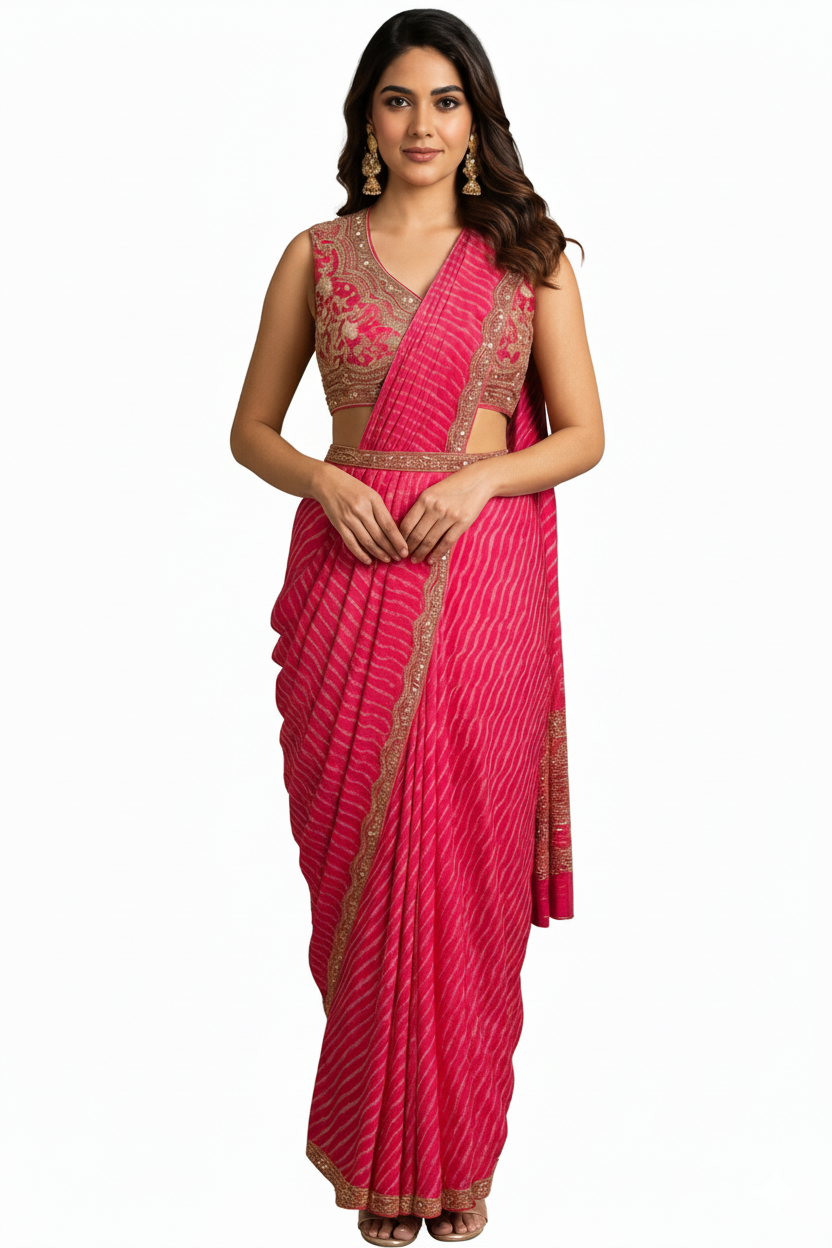 Pink & Golden Bandhi Saree with Blouse and Belt