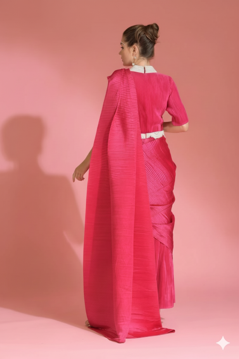 Hot Pink Saree Embroidered Neck Blouse Witb Belt