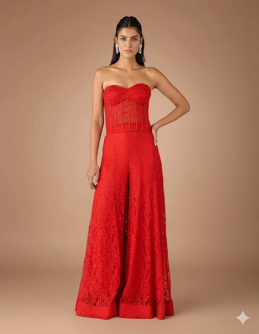 Red Chantilly Net Embroidered Sharara Set