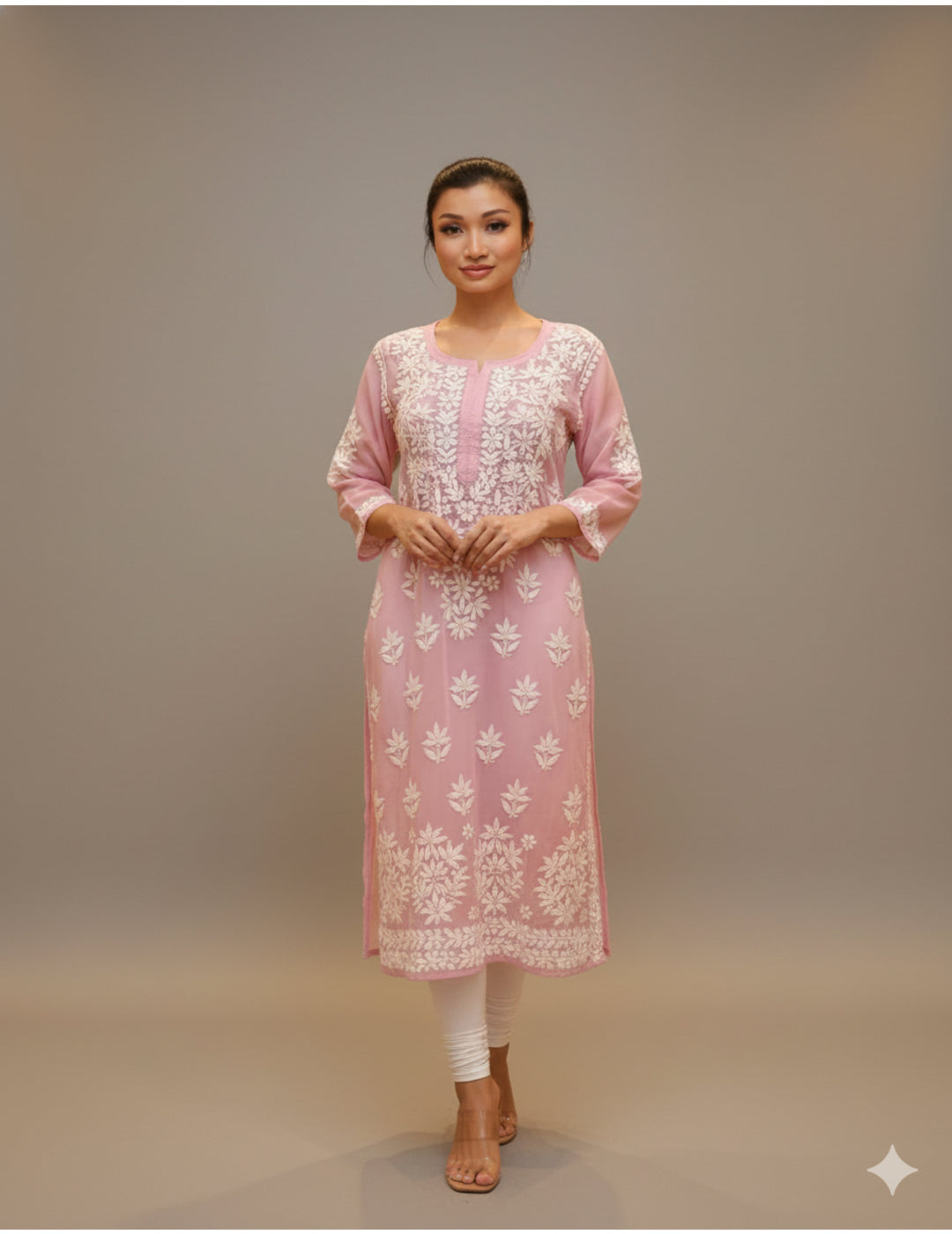 粉色 Chikankari 直筒 Kurta