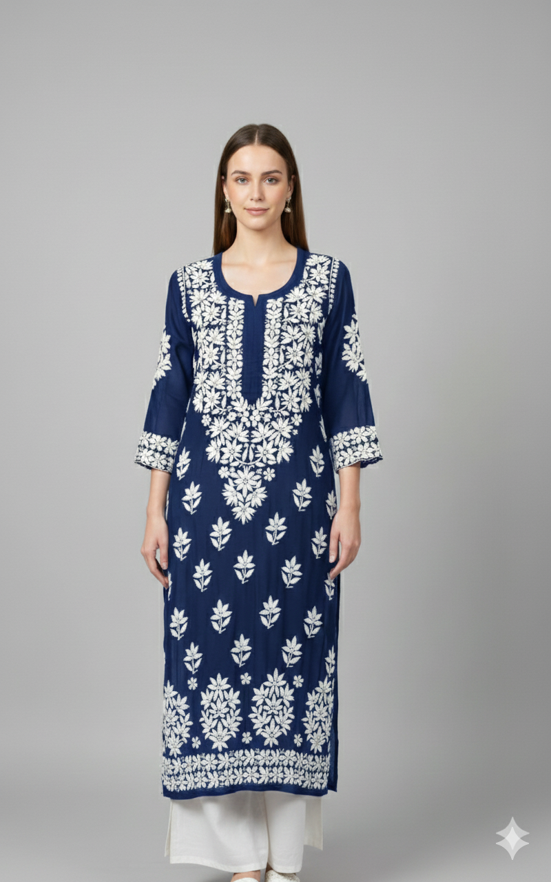Navy Blue Chikankari Straight Kurta