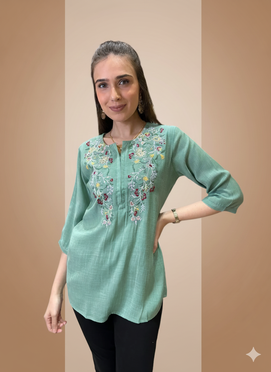 Green Floral Embroidered Tunic