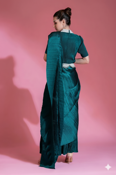 Green Saree Embroidered Neck Blouse With Belt