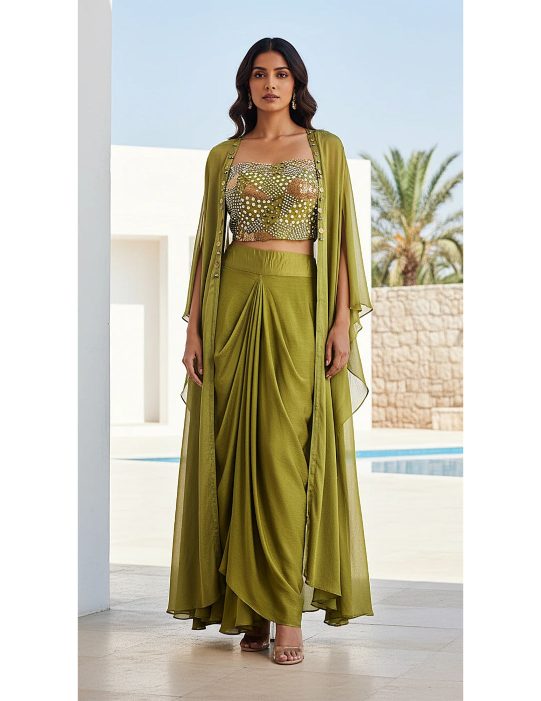 Green Chinon Embroidered Cape Set