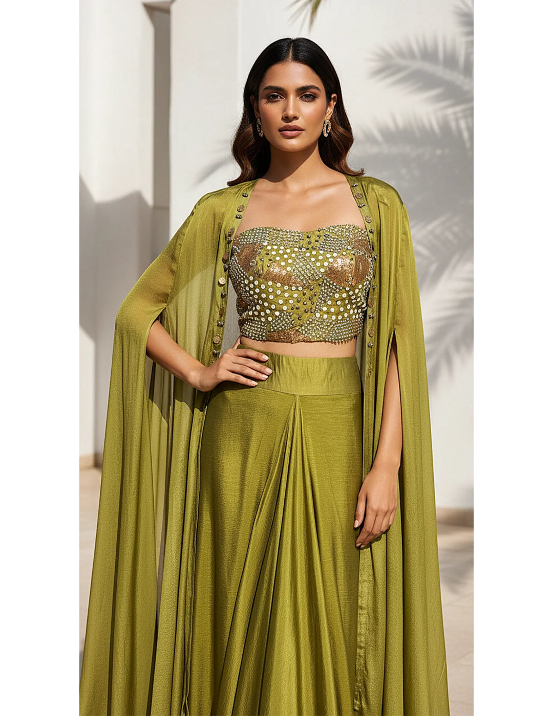 Green Chinon Embroidered Cape Set